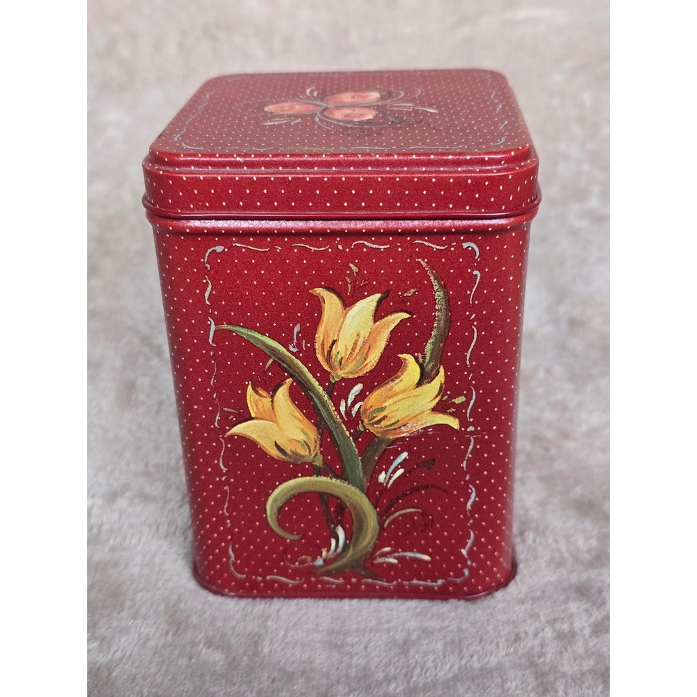 Vintage Century Resources Red Polka Dot Floral Metal Tin Roses Tulips Storage